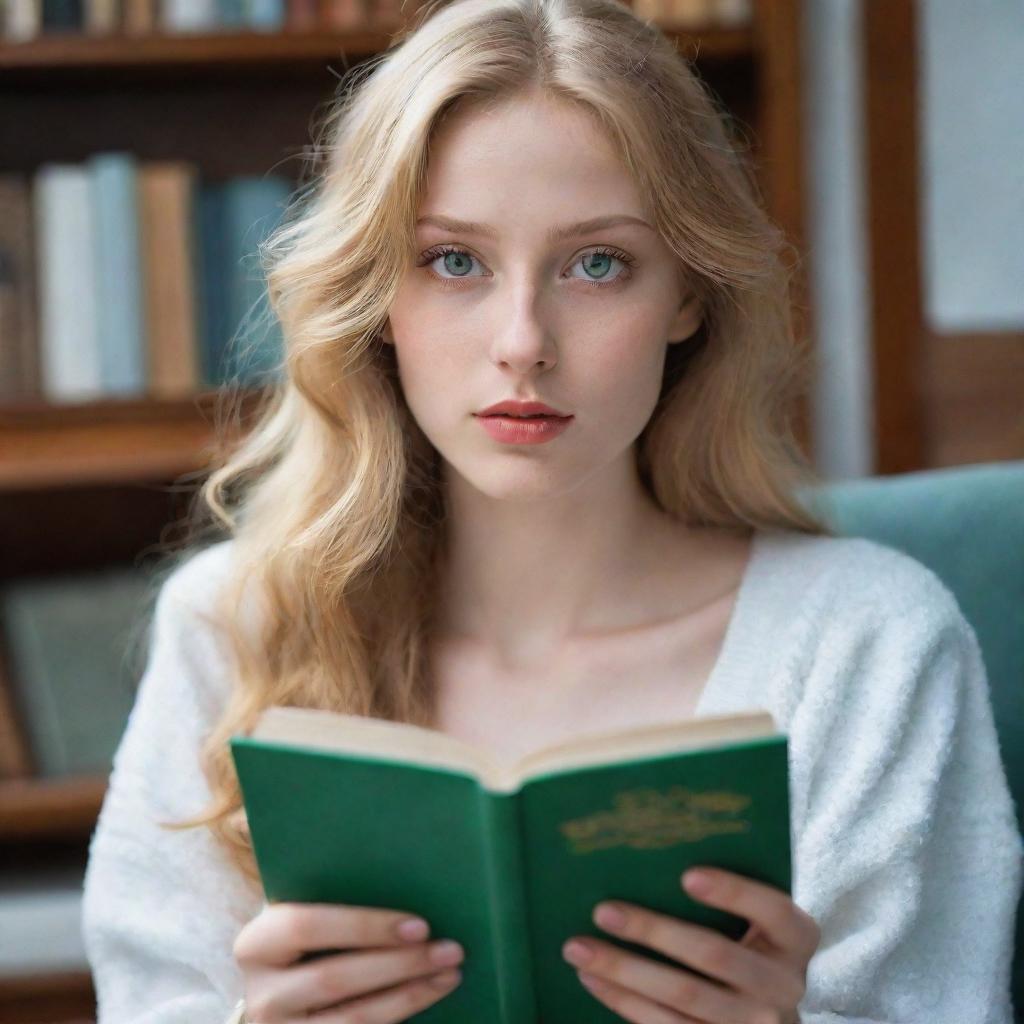 A beautiful, slender woman with green eyes and golden hair. She has snow-white skin and slender lips. She emanates a sense of loneliness and introversion, absorbed in reading a book in a public setting.