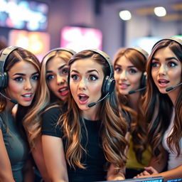 A group of young, attractive women wearing stylish headsets, each displaying a look of surprise