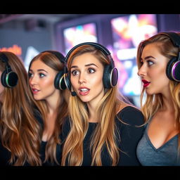 A group of young, attractive women wearing stylish headsets, each displaying a look of surprise