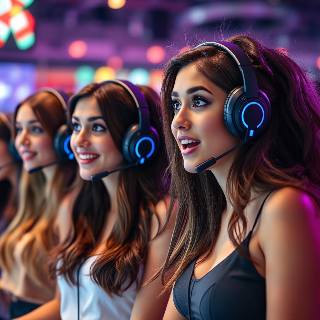 A group of young, attractive women wearing stylish headsets, each displaying a look of surprise