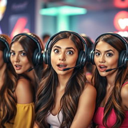 A group of young, attractive women wearing stylish headsets, each displaying a look of surprise