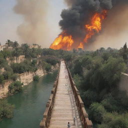 A detailed, perilous scene of people walking on the bridge of Sirat al-Mustaqim, with the scorching fires of Jahannam beneath and the lush garden of Jannah ahead