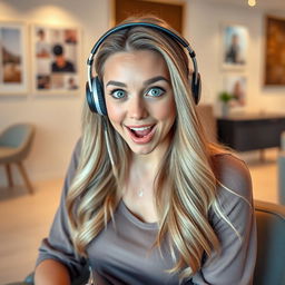 A young, attractive woman with long, flowing hair wearing a trendy headset