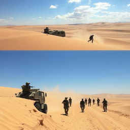 A powerful scene depicting a modern army training exercise in a vast desert landscape, with soldiers in tactical gear maneuvering across sand dunes, intense action shots showcasing teamwork and strategy