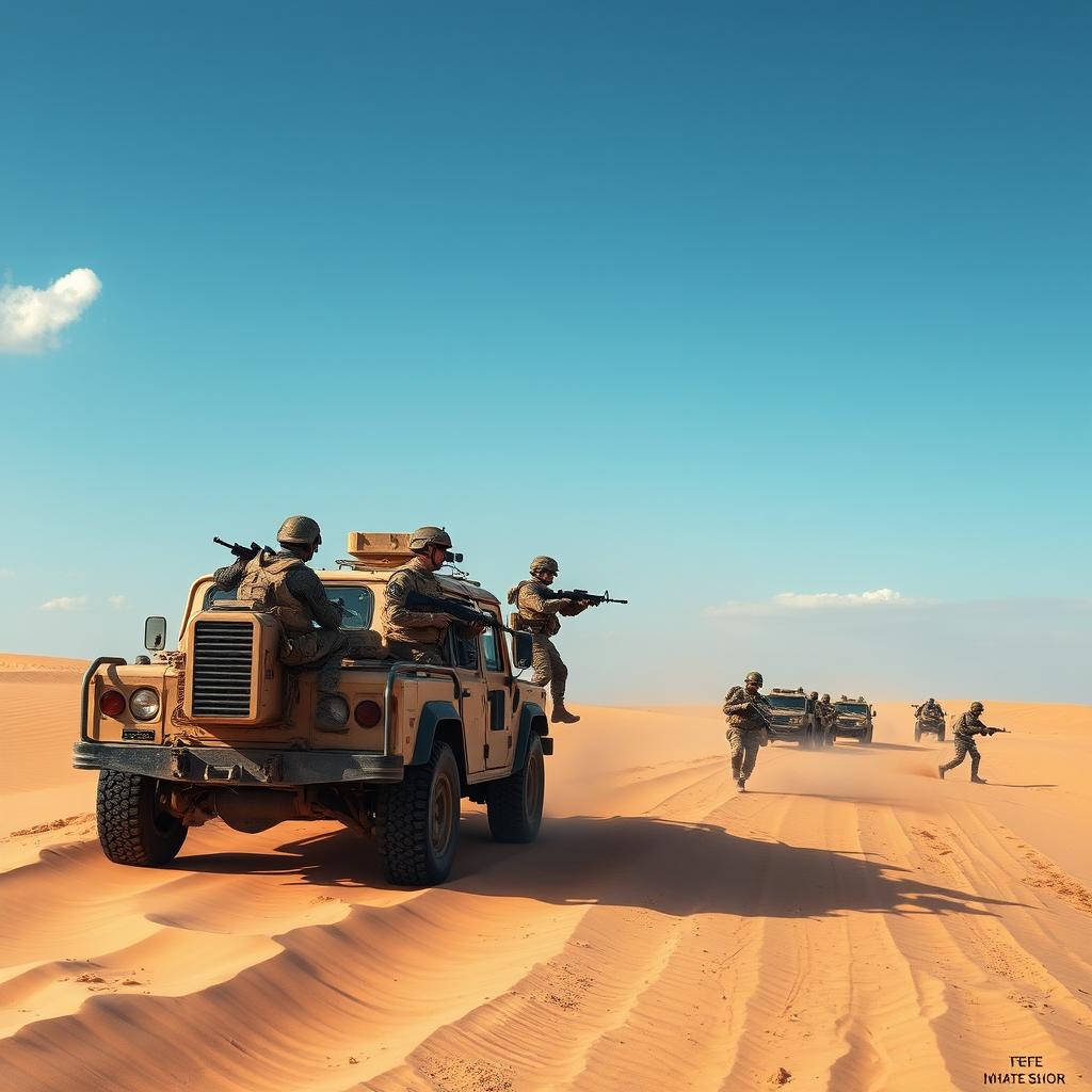 A powerful scene depicting a modern army training exercise in a vast desert landscape, with soldiers in tactical gear maneuvering across sand dunes, intense action shots showcasing teamwork and strategy