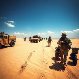 A powerful scene depicting a modern army training exercise in a vast desert landscape, with soldiers in tactical gear maneuvering across sand dunes, intense action shots showcasing teamwork and strategy