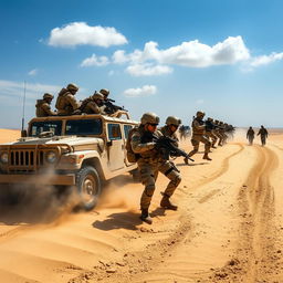 A powerful scene depicting a modern army training exercise in a vast desert landscape, with soldiers in tactical gear maneuvering across sand dunes, intense action shots showcasing teamwork and strategy