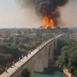 A detailed, perilous scene of people walking on the bridge of Sirat al-Mustaqim, with the scorching fires of Jahannam beneath and the lush garden of Jannah ahead