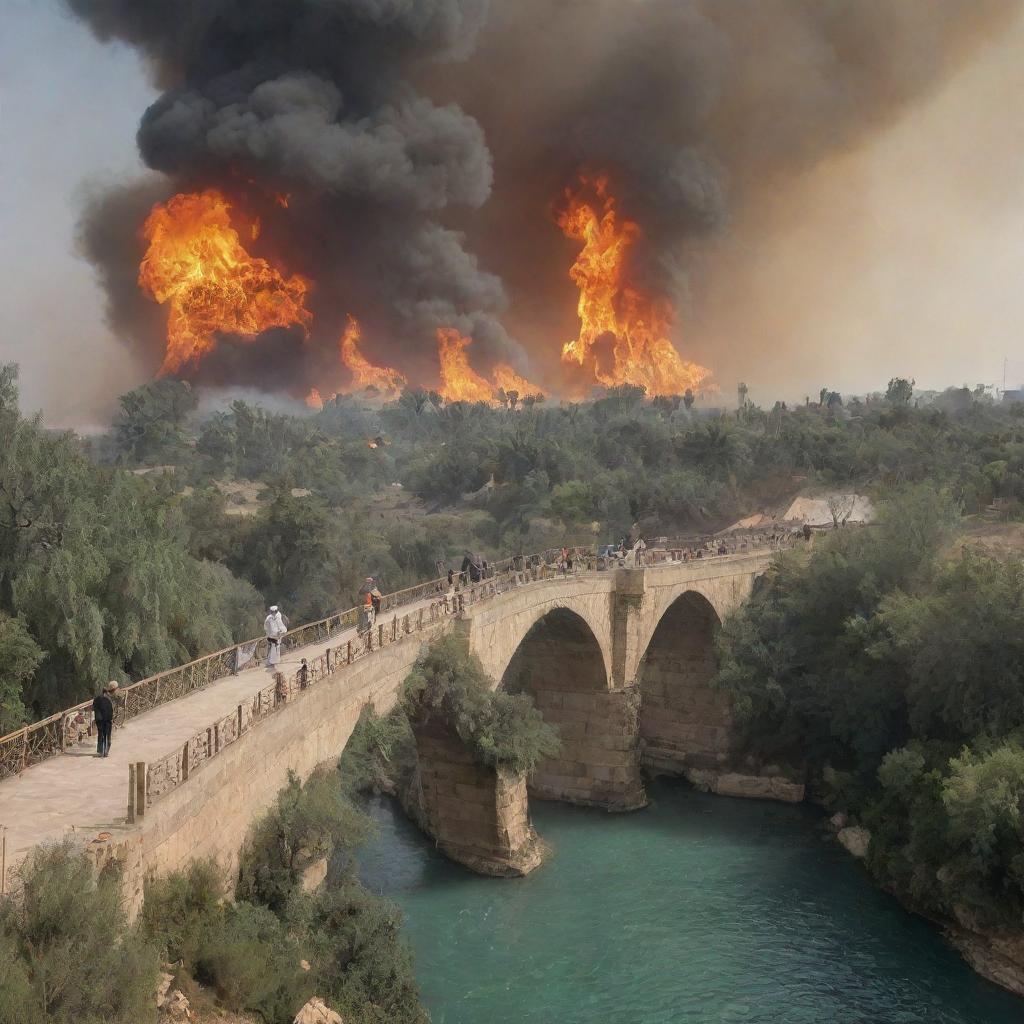 A detailed, perilous scene of people walking on the bridge of Sirat al-Mustaqim, with the scorching fires of Jahannam beneath and the lush garden of Jannah ahead