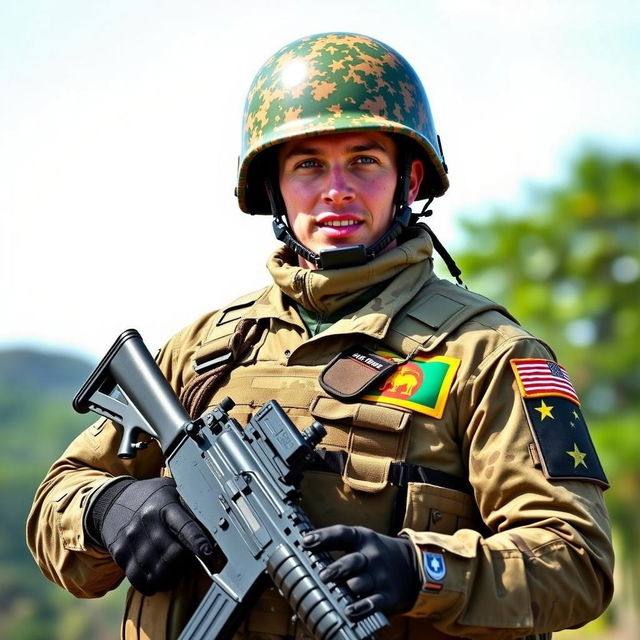 A confident soldier standing proudly in a military uniform, wearing a helmet with sunglasses