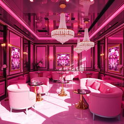 An elegant and luxurious scene depicting a 'Pink Diamond Escort Lounge', featuring stylish and chic decor in a palette of soft and vibrant pink tones