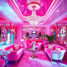 An elegant and luxurious scene depicting a 'Pink Diamond Escort Lounge', featuring stylish and chic decor in a palette of soft and vibrant pink tones