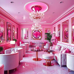 An elegant and luxurious scene depicting a 'Pink Diamond Escort Lounge', featuring stylish and chic decor in a palette of soft and vibrant pink tones