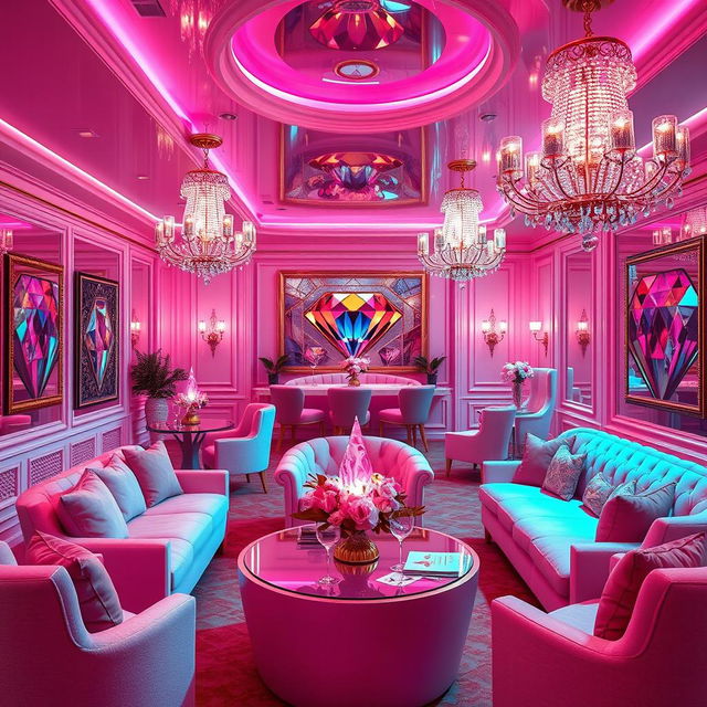 An elegant and luxurious scene depicting a 'Pink Diamond Escort Lounge', featuring stylish and chic decor in a palette of soft and vibrant pink tones