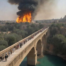 A detailed, perilous scene of people walking on the bridge of Sirat al-Mustaqim, with the scorching fires of Jahannam beneath and the lush garden of Jannah ahead