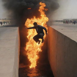 A dramatic scene on the bridge of Sirat al-Mustaqim, as an individual suddenly slips and falls into the flaming pit of Jahannam below