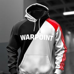 A stylish hoodie designed in a color scheme of black, white, and red