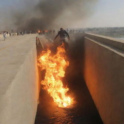 A dramatic scene on the bridge of Sirat al-Mustaqim, as an individual suddenly slips and falls into the flaming pit of Jahannam below