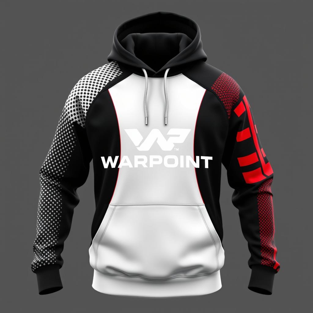 A stylish hoodie designed in a color scheme of black, white, and red