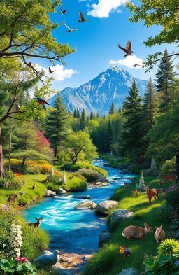 A stunning visual representation of a thriving ecosystem, showcasing a lush forest with various species of trees, vibrant wildflowers, and a crystal-clear river flowing through it