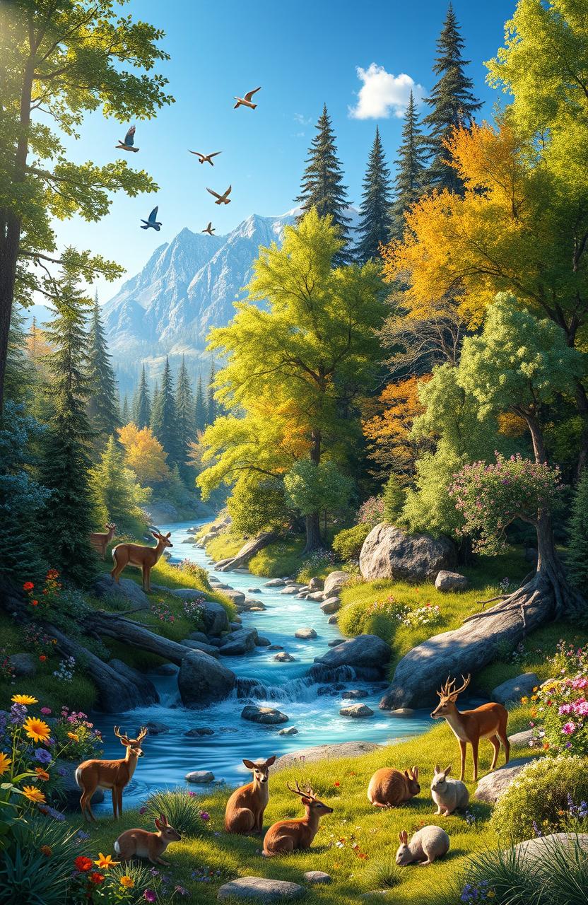 A stunning visual representation of a thriving ecosystem, showcasing a lush forest with various species of trees, vibrant wildflowers, and a crystal-clear river flowing through it