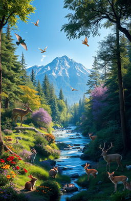 A stunning visual representation of a thriving ecosystem, showcasing a lush forest with various species of trees, vibrant wildflowers, and a crystal-clear river flowing through it