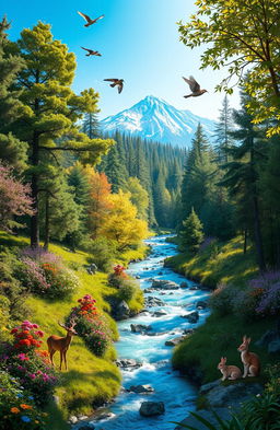 A stunning visual representation of a thriving ecosystem, showcasing a lush forest with various species of trees, vibrant wildflowers, and a crystal-clear river flowing through it