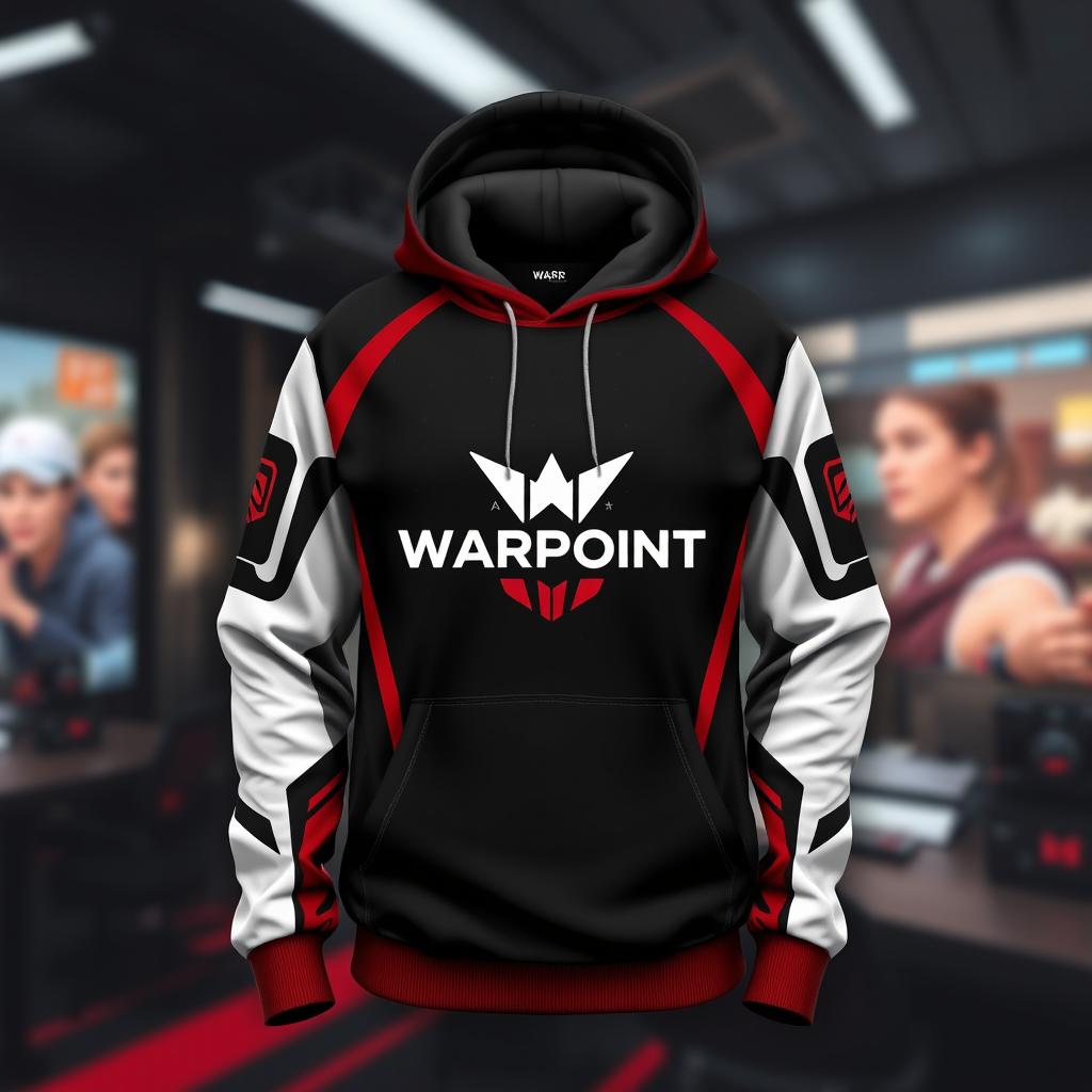 A stylish hoodie design featuring a color scheme of black, white, and red