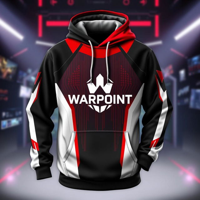 A stylish hoodie design featuring a color scheme of black, white, and red