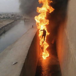 A dramatic scene on the bridge of Sirat al-Mustaqim, as an individual suddenly slips and falls into the flaming pit of Jahannam below