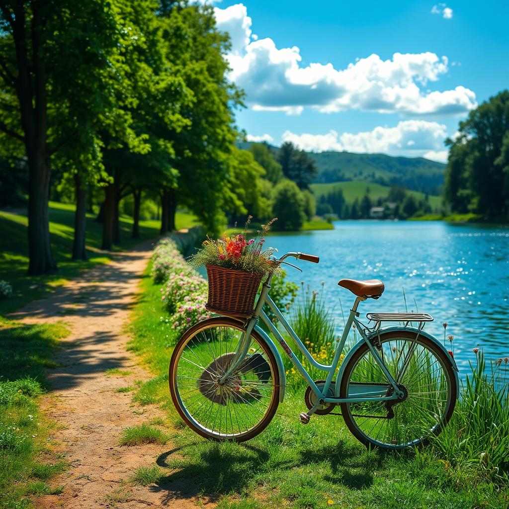 A picturesque outdoor environment featuring a vintage bicycle parked beside a tranquil lake surrounded by lush greenery