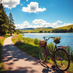 A picturesque outdoor environment featuring a vintage bicycle parked beside a tranquil lake surrounded by lush greenery