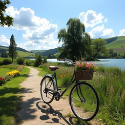 A picturesque outdoor environment featuring a vintage bicycle parked beside a tranquil lake surrounded by lush greenery