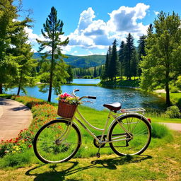 A picturesque outdoor environment featuring a vintage bicycle parked beside a tranquil lake surrounded by lush greenery