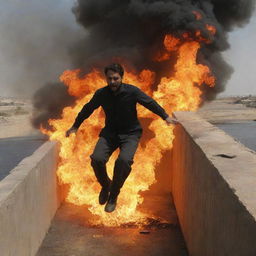 A dramatic scene on the bridge of Sirat al-Mustaqim, as an individual suddenly slips and falls into the flaming pit of Jahannam below