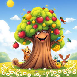 A whimsical cartoon-style tree with an exaggerated, thick trunk and bright green, fluffy foliage