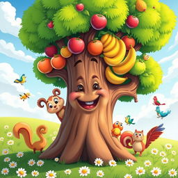 A whimsical cartoon-style tree with an exaggerated, thick trunk and bright green, fluffy foliage