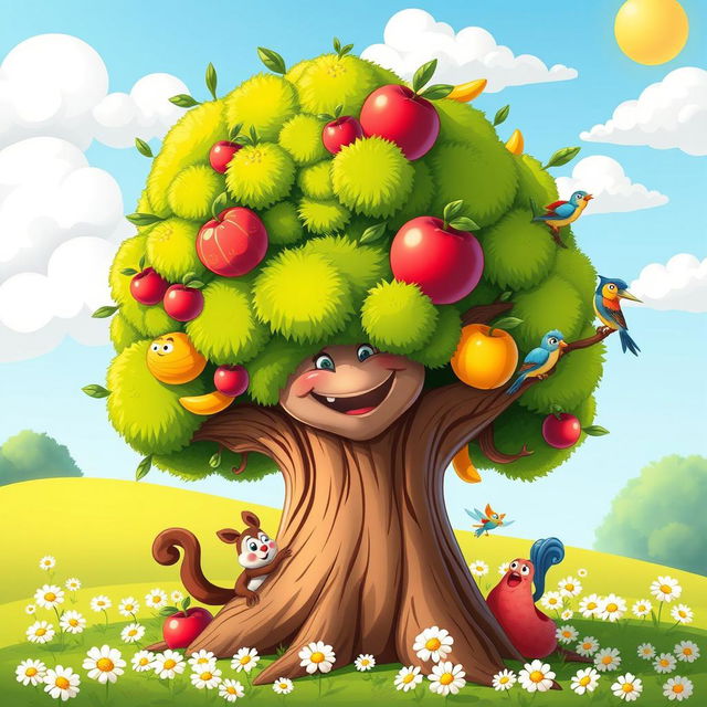 A whimsical cartoon-style tree with an exaggerated, thick trunk and bright green, fluffy foliage