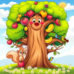 A whimsical cartoon-style tree with an exaggerated, thick trunk and bright green, fluffy foliage