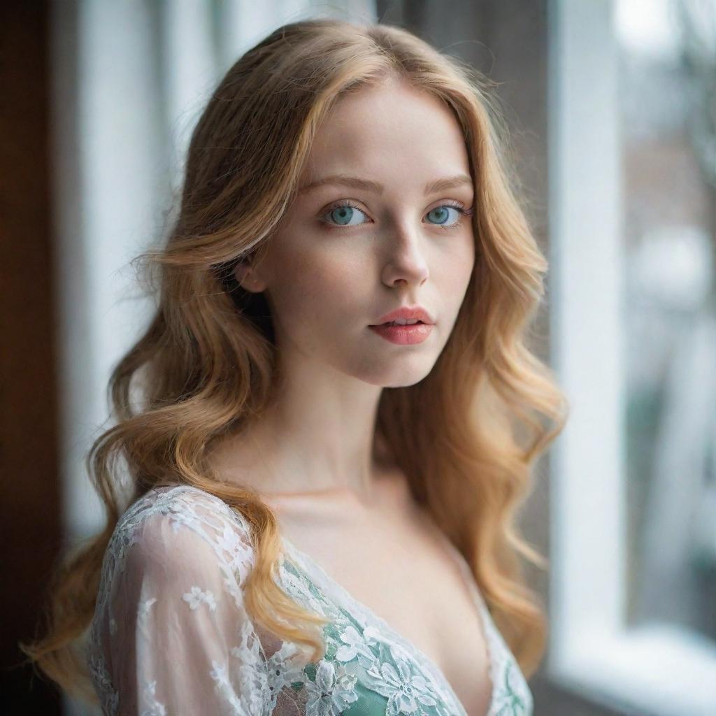 A strikingly beautiful lady with a slender body, mesmerizing green eyes, and golden hair. Her complexion is as white as snow, with slender lips. She emanates an introverted vibe while looking out of a window in a public space.