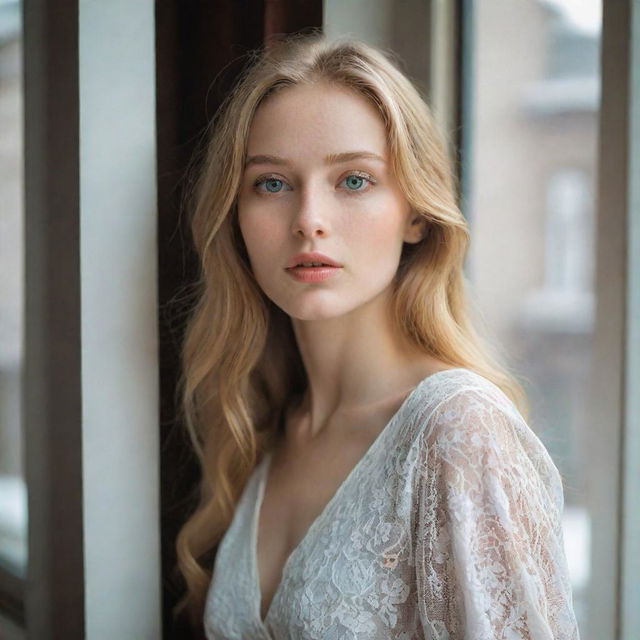 A strikingly beautiful lady with a slender body, mesmerizing green eyes, and golden hair. Her complexion is as white as snow, with slender lips. She emanates an introverted vibe while looking out of a window in a public space.