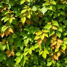 A lush and vibrant scene filled with a multitude of leaves in various shades of green and some autumn hues