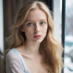 A strikingly beautiful lady with a slender body, mesmerizing green eyes, and golden hair. Her complexion is as white as snow, with slender lips. She emanates an introverted vibe while looking out of a window in a public space.