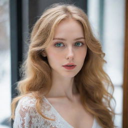 A strikingly beautiful lady with a slender body, mesmerizing green eyes, and golden hair. Her complexion is as white as snow, with slender lips. She emanates an introverted vibe while looking out of a window in a public space.