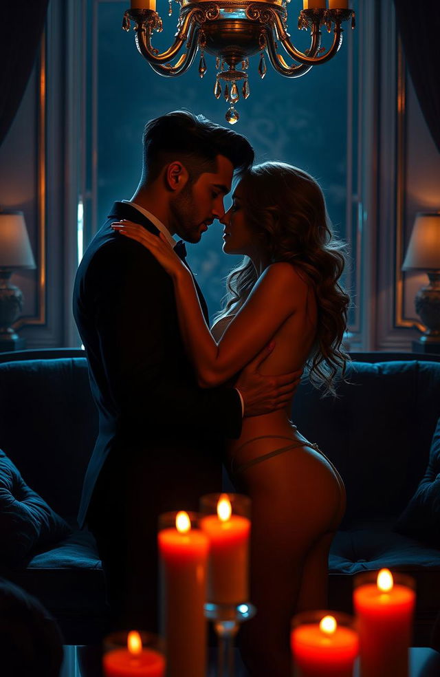 An artistic representation of a romantic encounter showcasing two alluring adults engaged in an intimate moment that exudes physical chemistry and sexual tension, reflecting the themes of "Tres Días", a book exploring sexual connection devoid of deep emotional ties