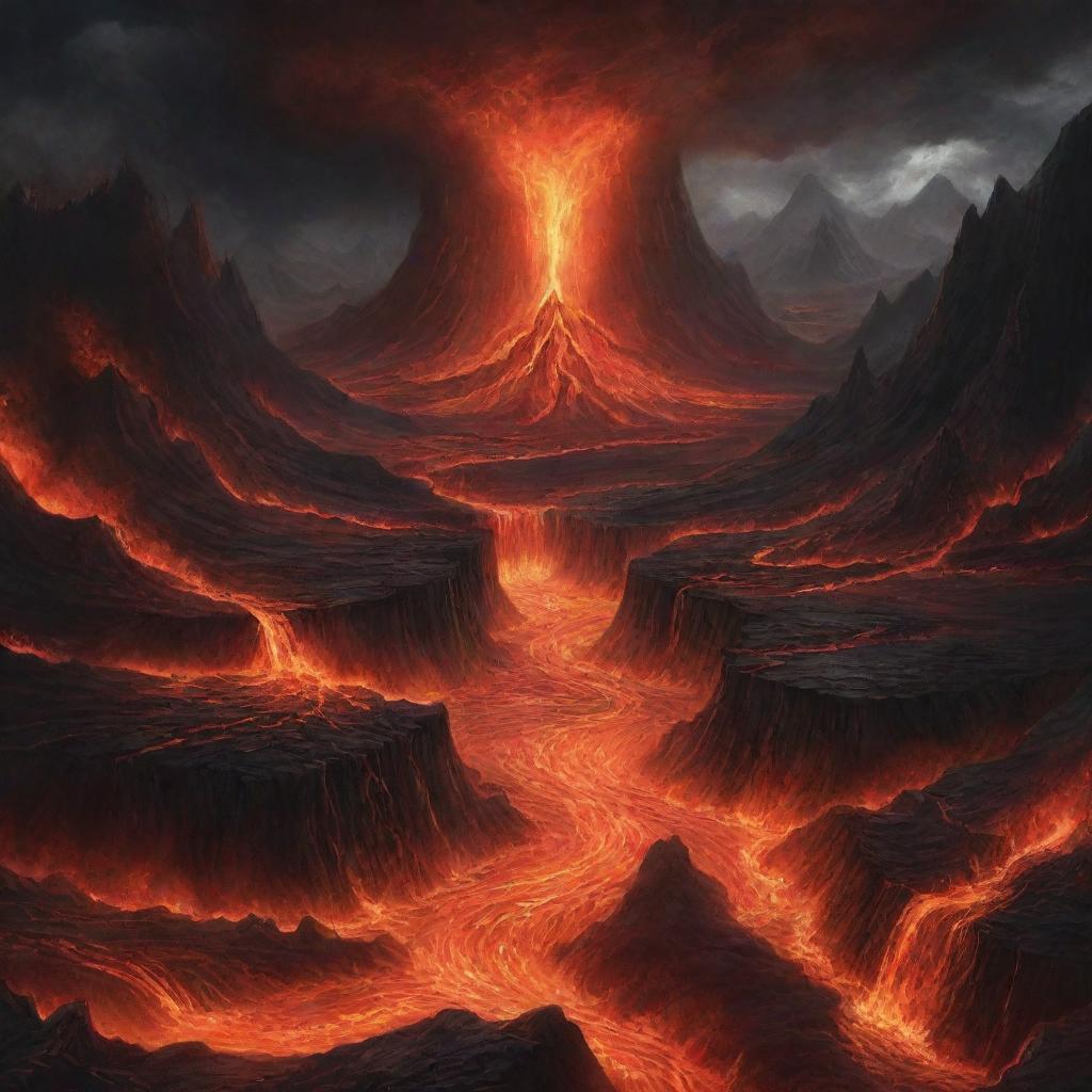 An intense illustration depicting the concept of Hell with fiery landscapes, dark skies, looming mountains and ominous rivers of lava.