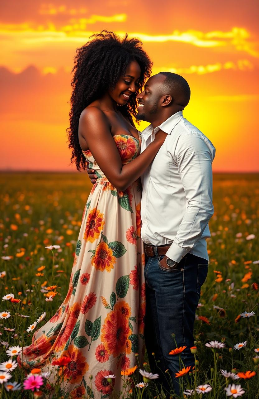 A tender moment depicting the love between Simphiwe and Thabani, set against a vibrant sunset backdrop