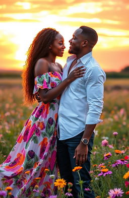 A tender moment depicting the love between Simphiwe and Thabani, set against a vibrant sunset backdrop