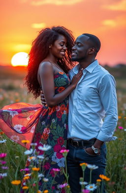 A tender moment depicting the love between Simphiwe and Thabani, set against a vibrant sunset backdrop