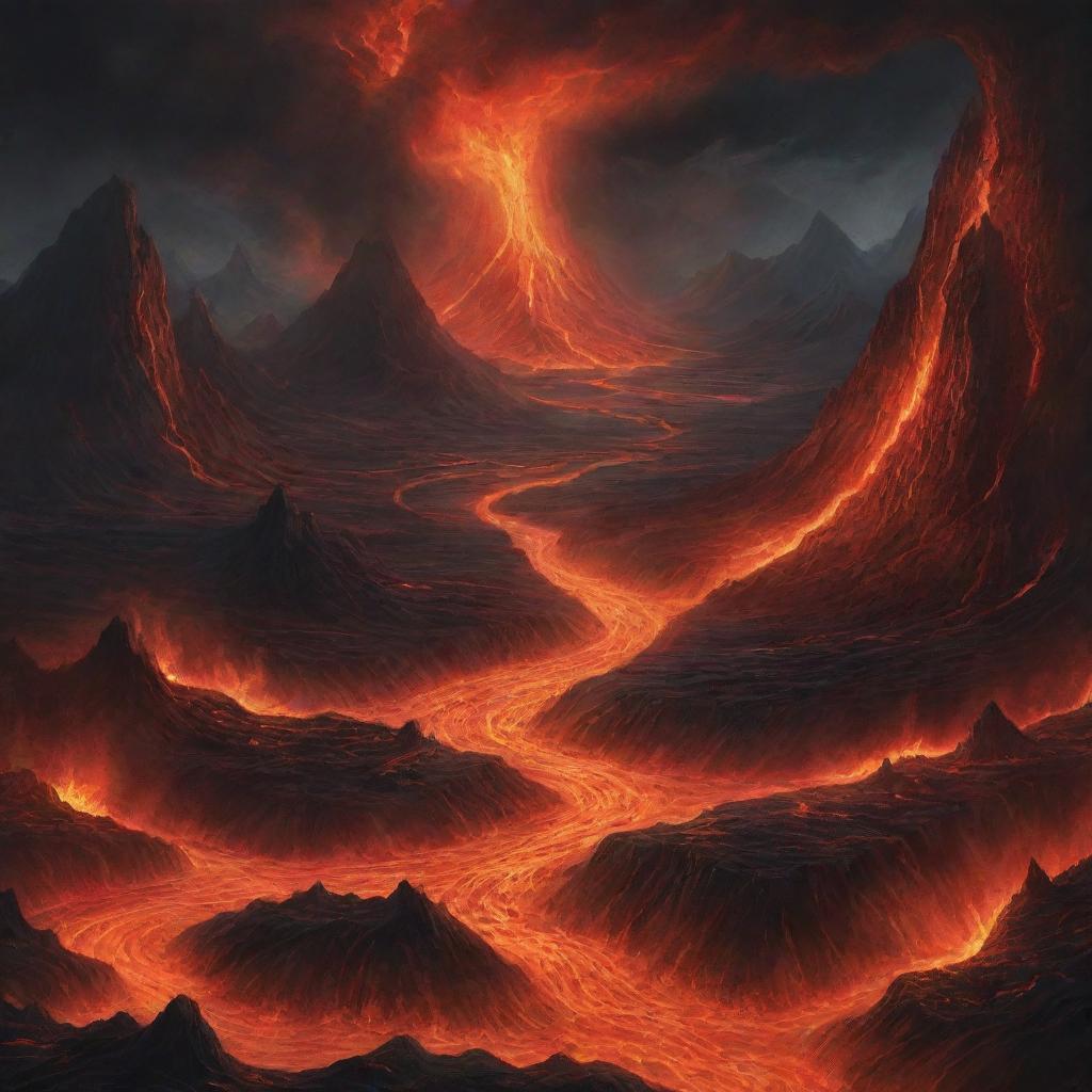 An intense illustration depicting the concept of Hell with fiery landscapes, dark skies, looming mountains and ominous rivers of lava.